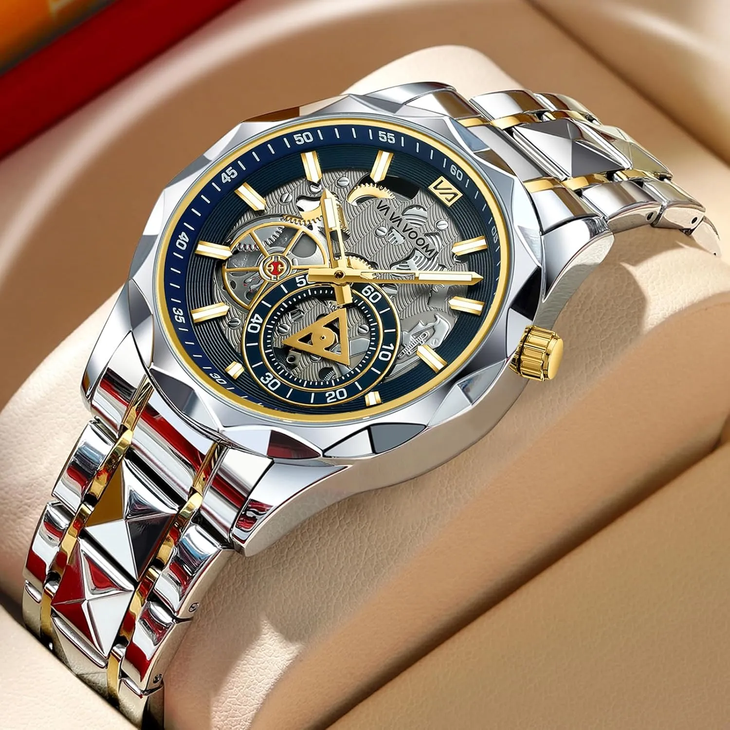 CARLIEN Mens Luxury Unique Silver Tone Dress Analog Quartz Watch Solid Stainless Steel Band Luminous Waterproof Wristwatch for Men