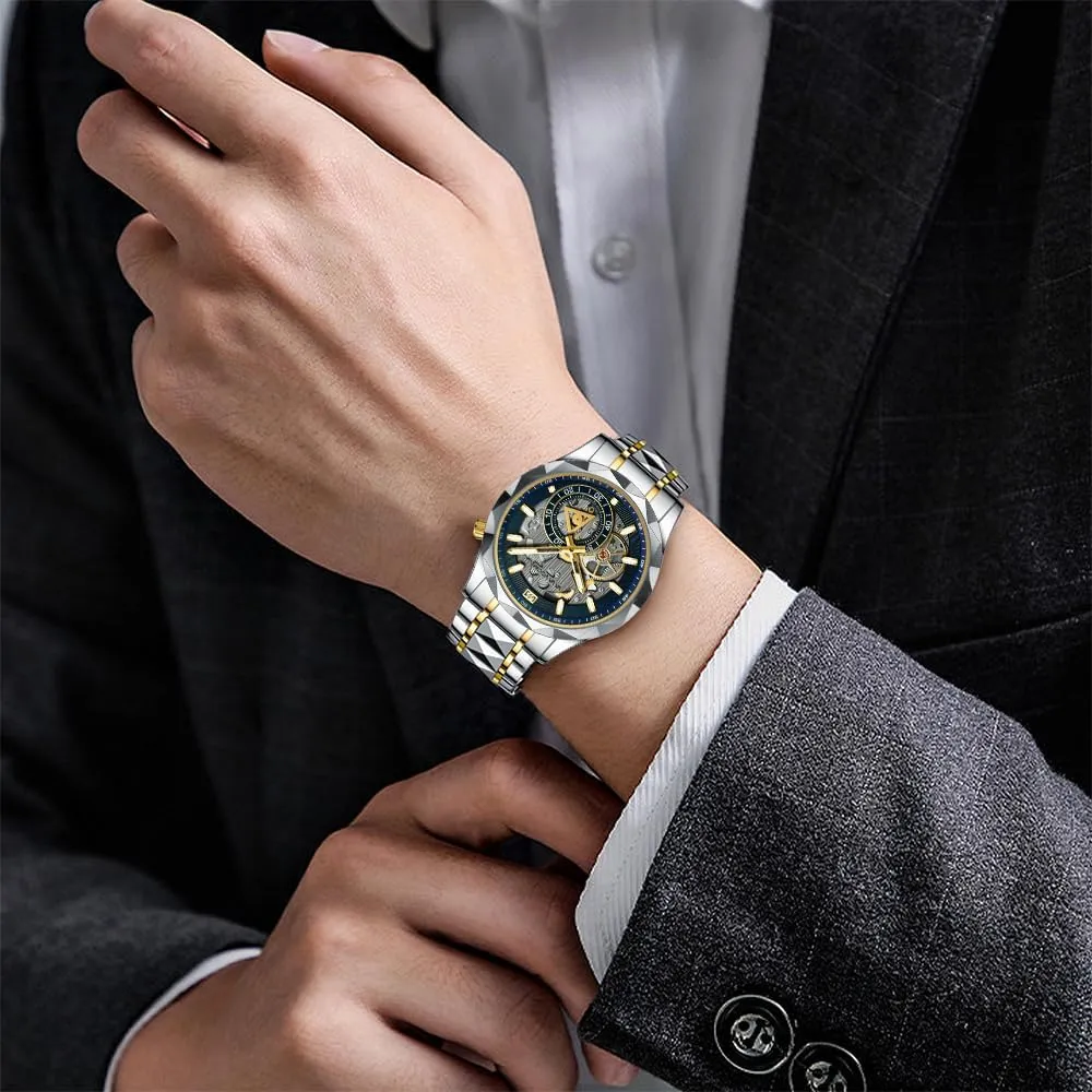 CARLIEN Mens Luxury Unique Silver Tone Dress Analog Quartz Watch Solid Stainless Steel Band Luminous Waterproof Wristwatch for Men