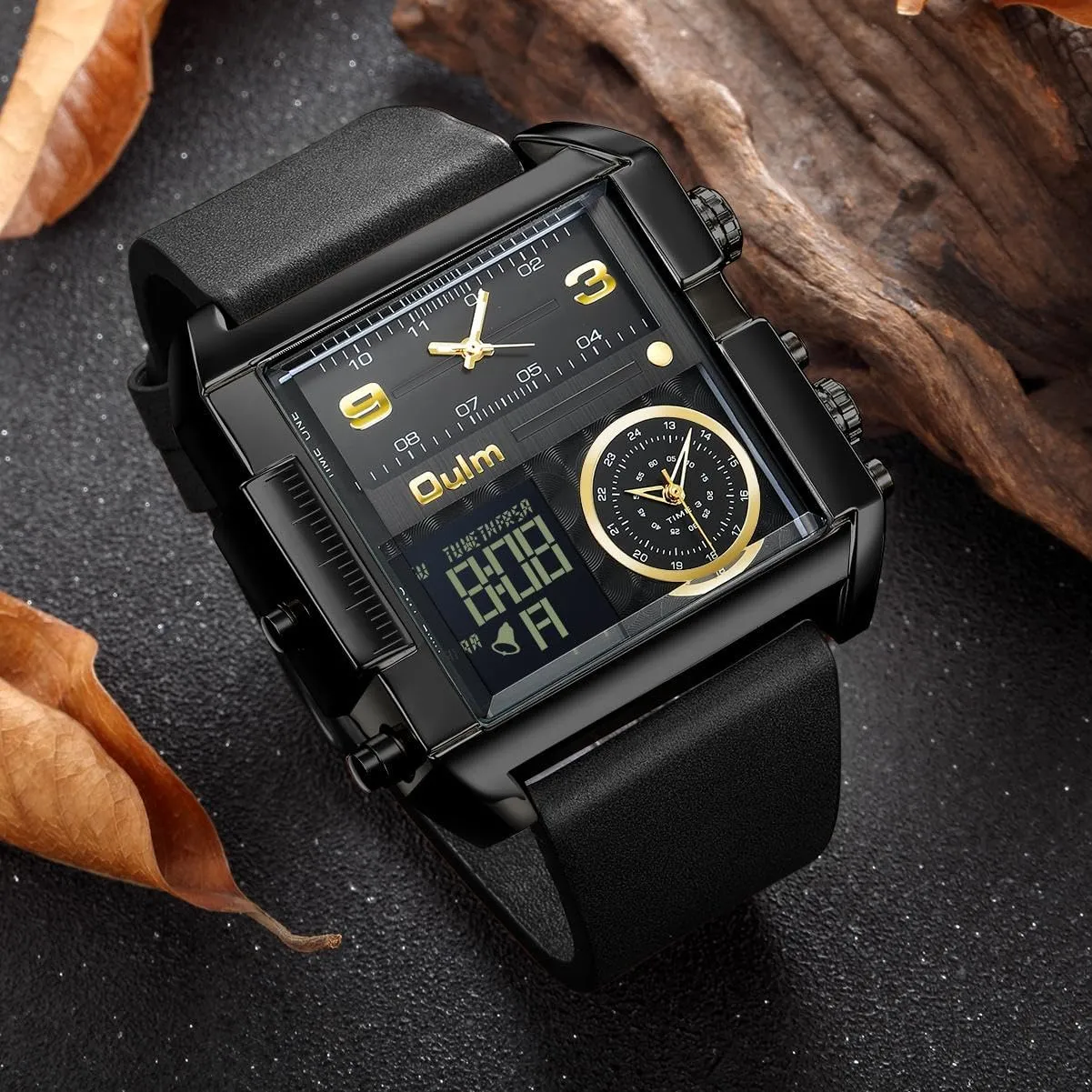 CARLIEN Men's Square Large Face LED Backlight Multi-Time Zone Stopwatch Waterproof Watches Wrist Watches Analog Digital Sports Watch