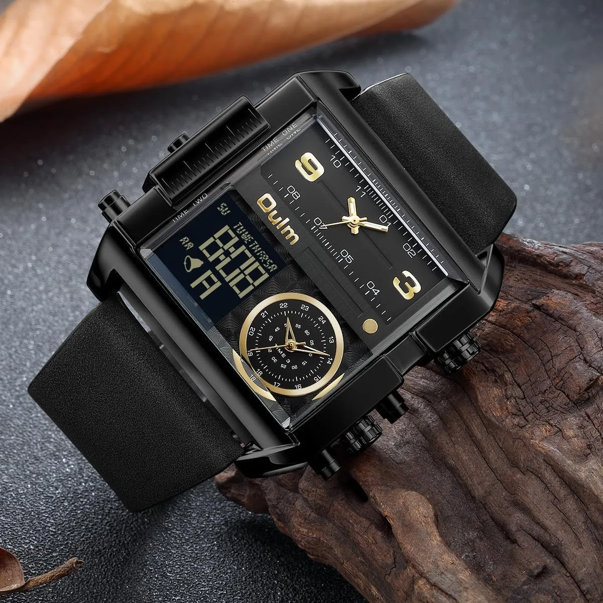 CARLIEN Men's Square Large Face LED Backlight Multi-Time Zone Stopwatch Waterproof Watches Wrist Watches Analog Digital Sports Watch