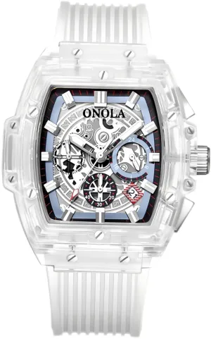 CARLIEN Mens Transparent Case Tonneau Fashion Large Face Luminous Waterproof Analog Quartz Watch Silicone Strap Date Calendar 3-Subdial Casual Wristwatch
