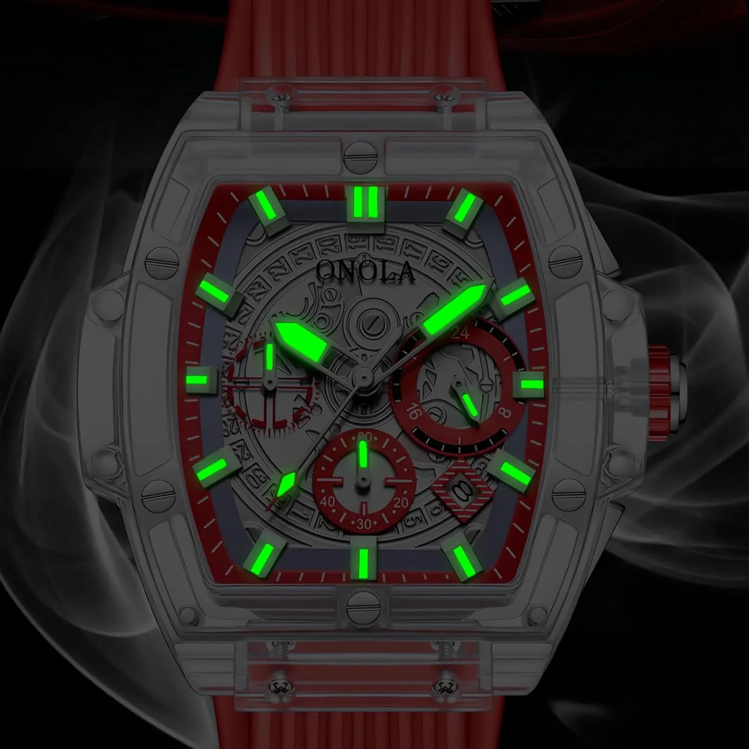 CARLIEN Mens Transparent Case Tonneau Fashion Large Face Luminous Waterproof Analog Quartz Watch Silicone Strap Date Calendar 3-Subdial Casual Wristwatch