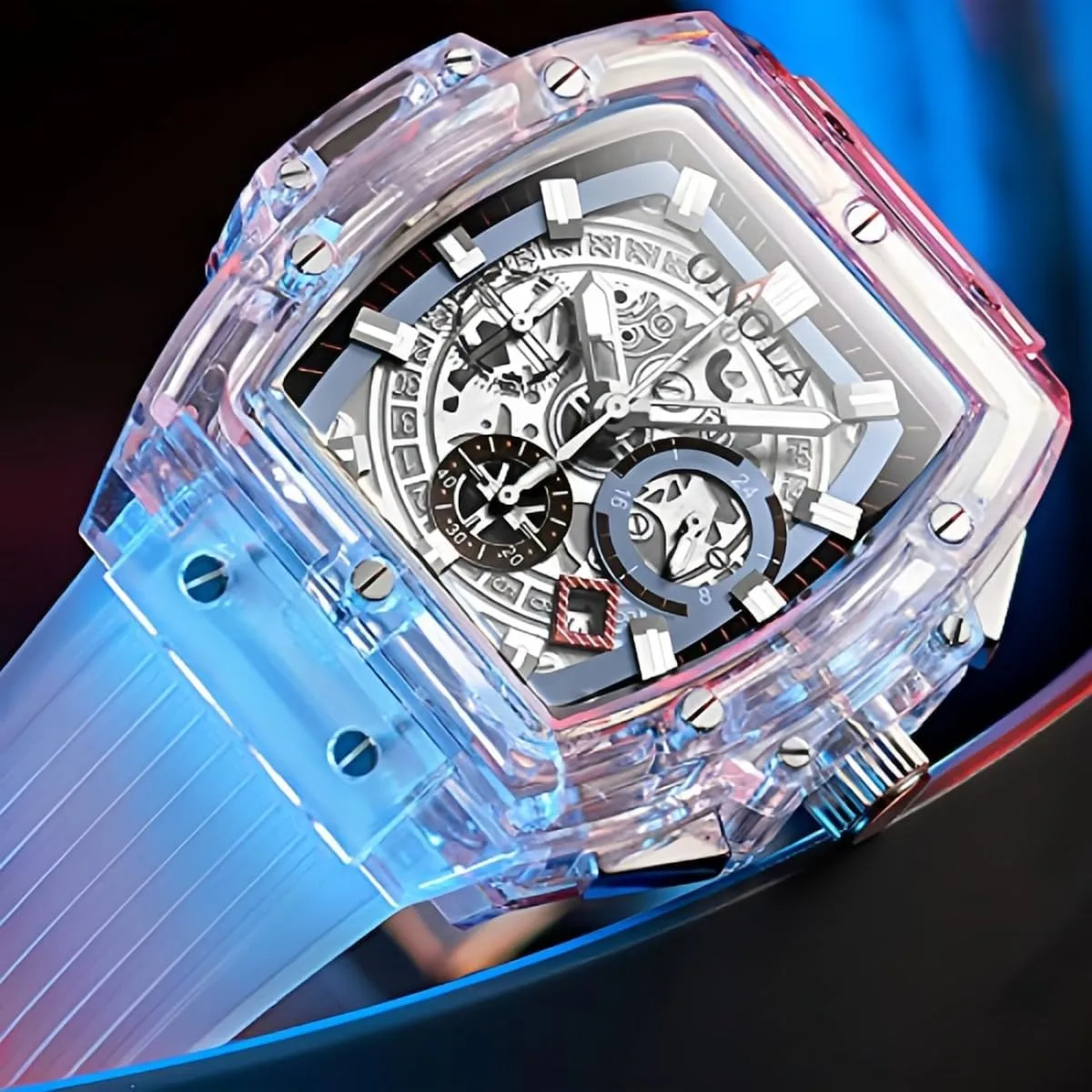 CARLIEN Mens Transparent Case Tonneau Fashion Large Face Luminous Waterproof Analog Quartz Watch Silicone Strap Date Calendar 3-Subdial Casual Wristwatch