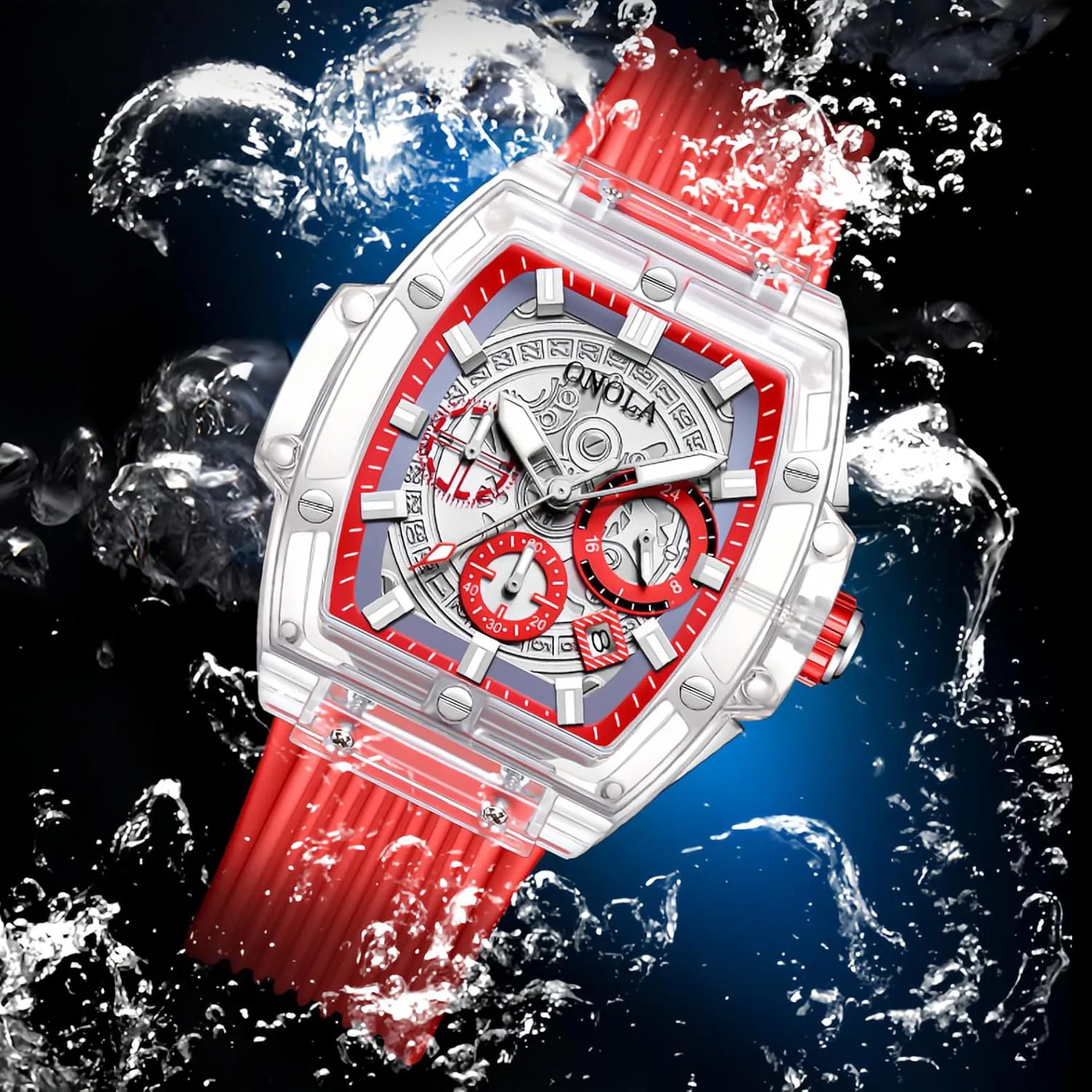 CARLIEN Mens Transparent Case Tonneau Fashion Large Face Luminous Waterproof Analog Quartz Watch Silicone Strap Date Calendar 3-Subdial Casual Wristwatch