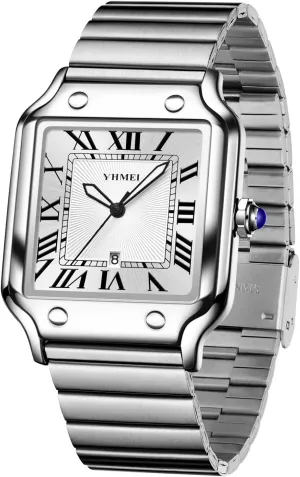 CARLIEN Unisex Classic Square Roman Numerals Silver Analog Waterproof Watches for Women Men Stainless Steel Strap Date Display Casual Wristwatch