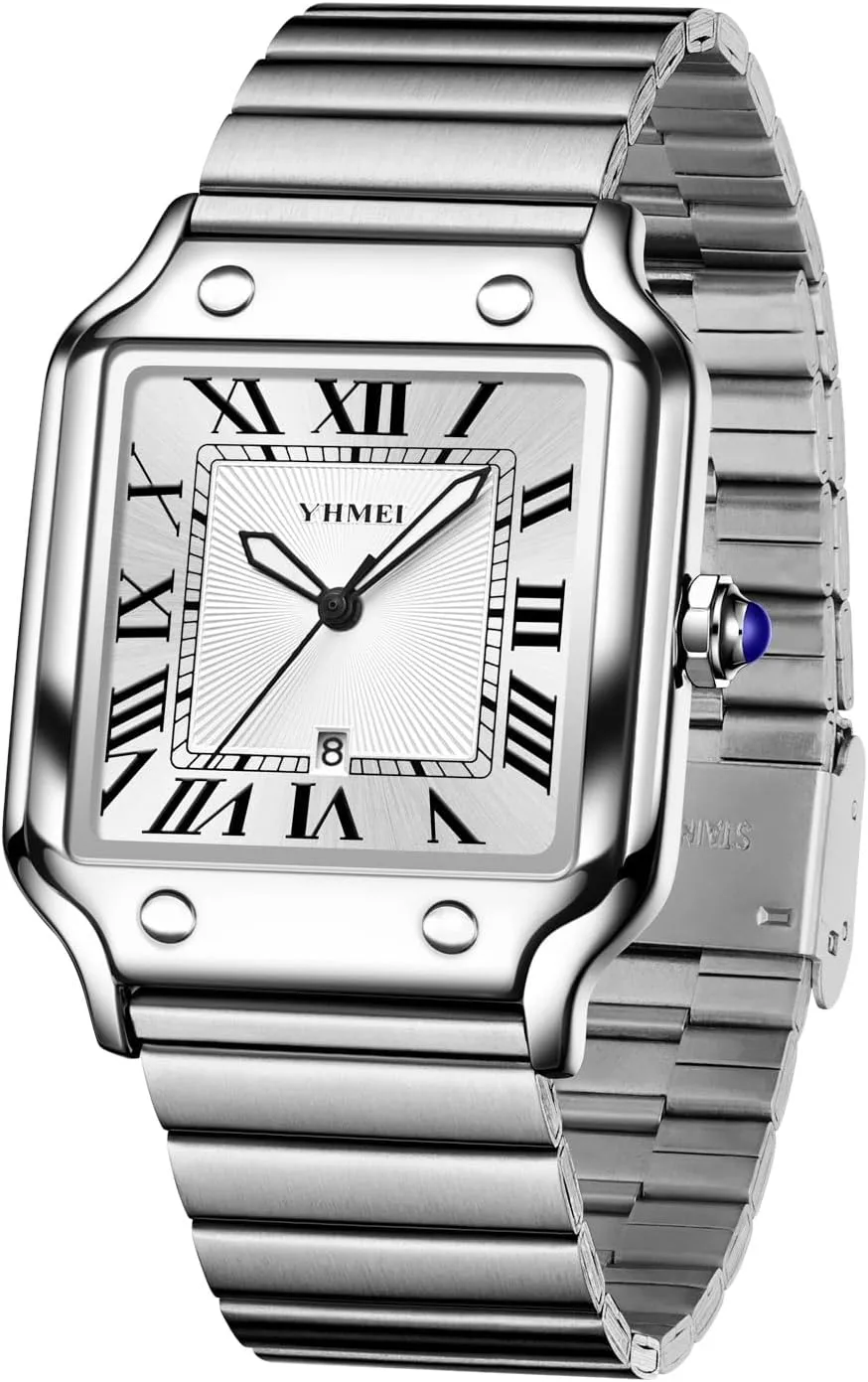 CARLIEN Unisex Classic Square Roman Numerals Silver Analog Waterproof Watches for Women Men Stainless Steel Strap Date Display Casual Wristwatch