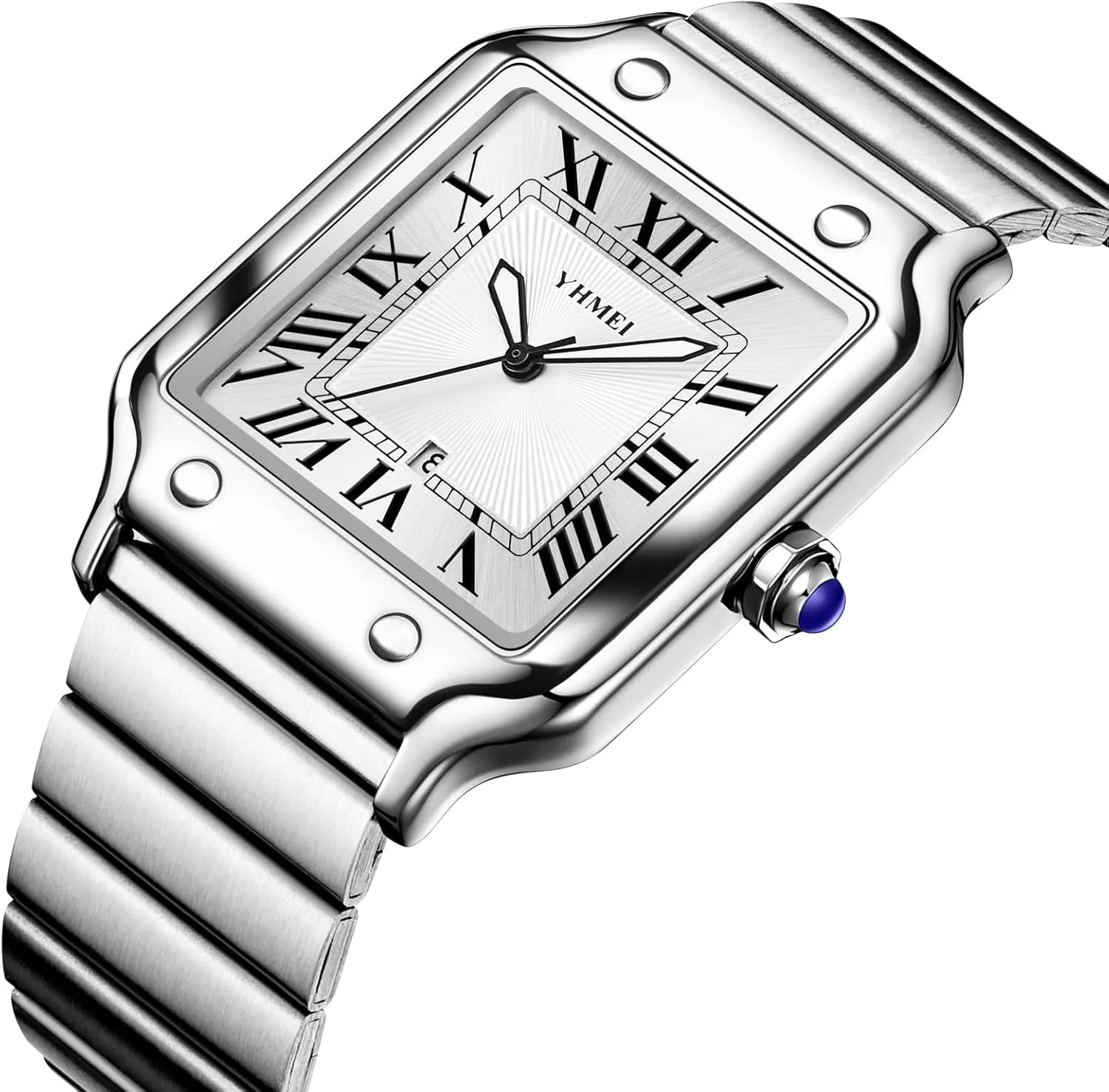 CARLIEN Unisex Classic Square Roman Numerals Silver Analog Waterproof Watches for Women Men Stainless Steel Strap Date Display Casual Wristwatch