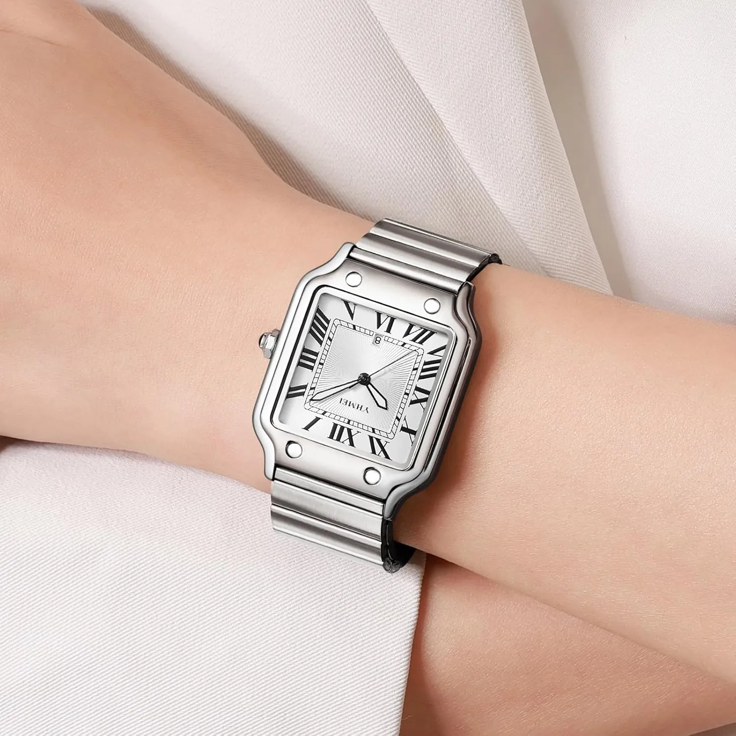 CARLIEN Unisex Classic Square Roman Numerals Silver Analog Waterproof Watches for Women Men Stainless Steel Strap Date Display Casual Wristwatch