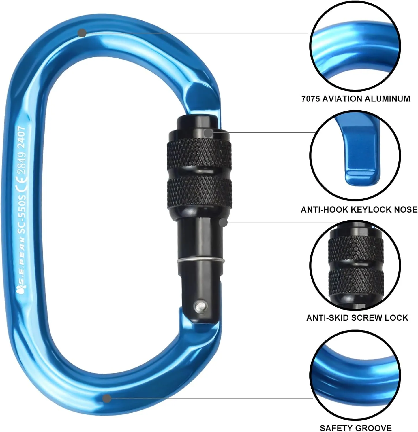 CE 24kN Oval Climbing Screwgate Clip for Outdoor Activities, Stormproof, Hiking, Mountaineering, Climbing, Camping, Fishing, Hunting, Skiing, Snowshoeing
