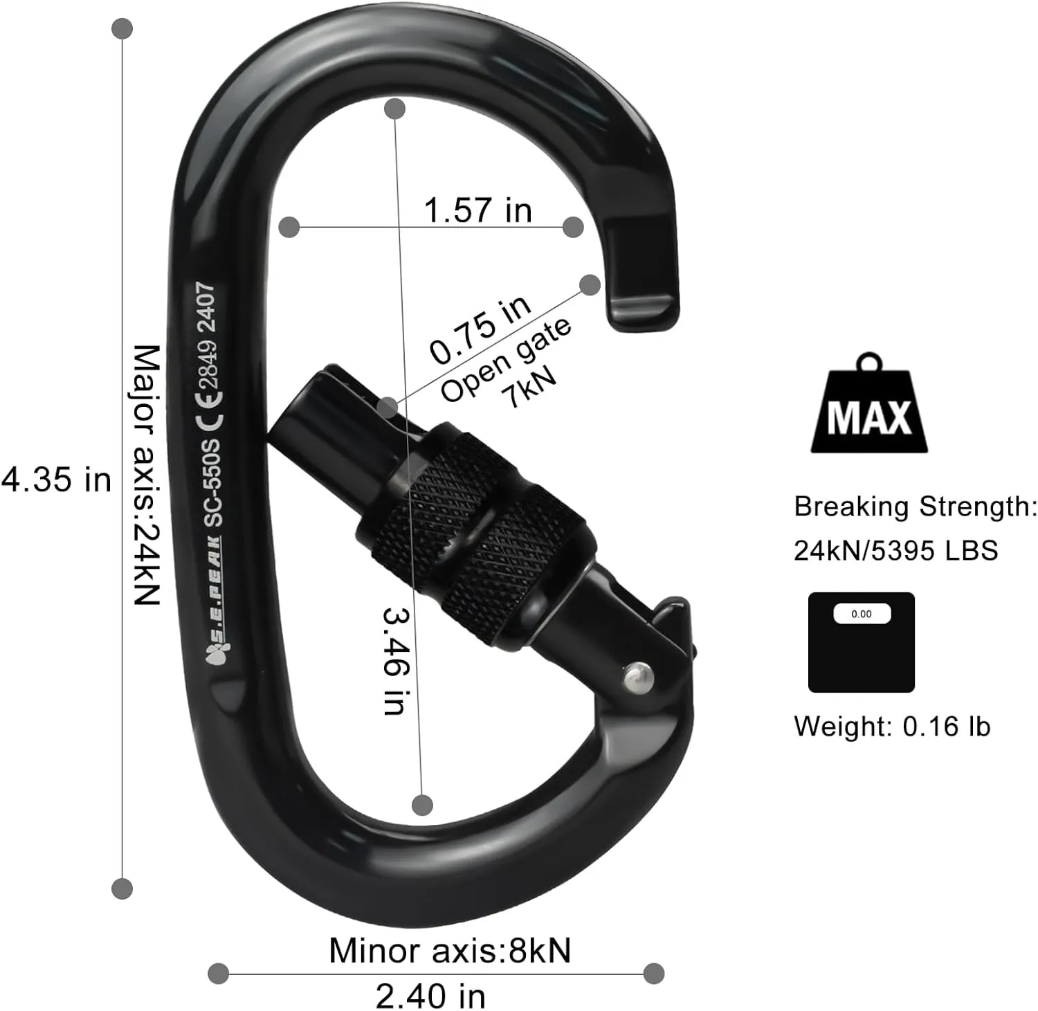 CE 24kN Oval Climbing Screwgate Clip for Outdoor Activities, Stormproof, Hiking, Mountaineering, Climbing, Camping, Fishing, Hunting, Skiing, Snowshoeing