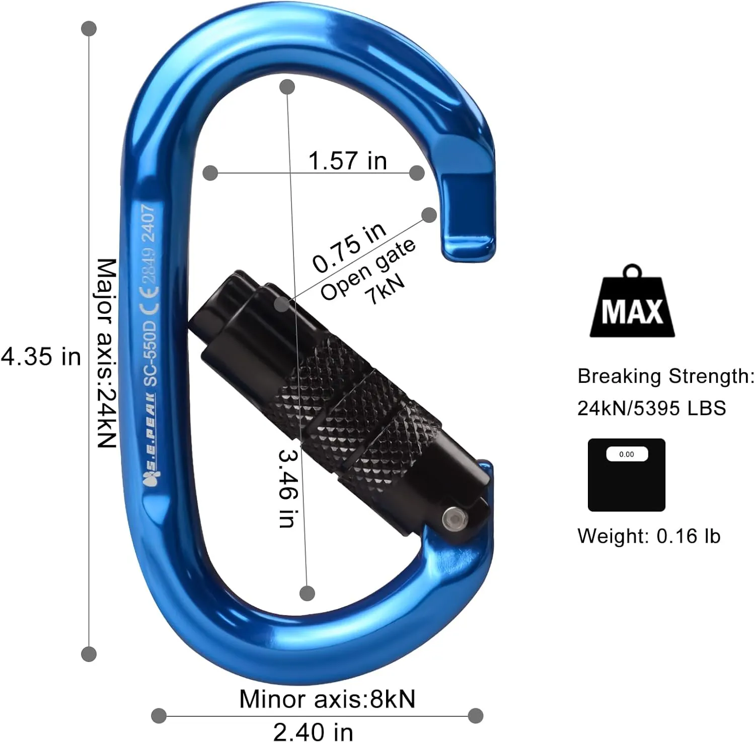 CE 24kN Oval Climbing Screwgate Clip for Outdoor Activities, Stormproof, Hiking, Mountaineering, Climbing, Camping, Fishing, Hunting, Skiing, Snowshoeing