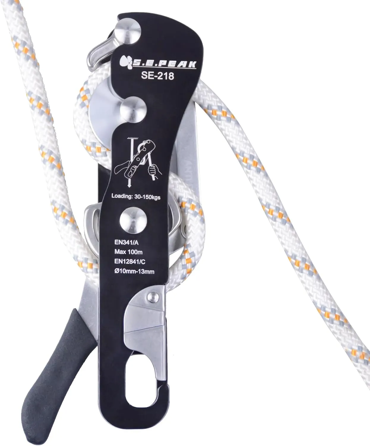 CE Certified Climbing Double Stop Descender Self-Braking Self Locking Rappelling Belay Devices for 10-12.5mm Rope for Rescue & Arborist, Hand Control