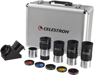 Celestron 94305 2 inch Eyepiece & Filter Kit, 12 Piece - Includes 2" Mirror Diagonal, Diagonal Adapter, 3 x E-lux 2" Eyepieces, 2X Barlow Lens, 5 Coloured Flters and Aluminium Hard Case, Silver