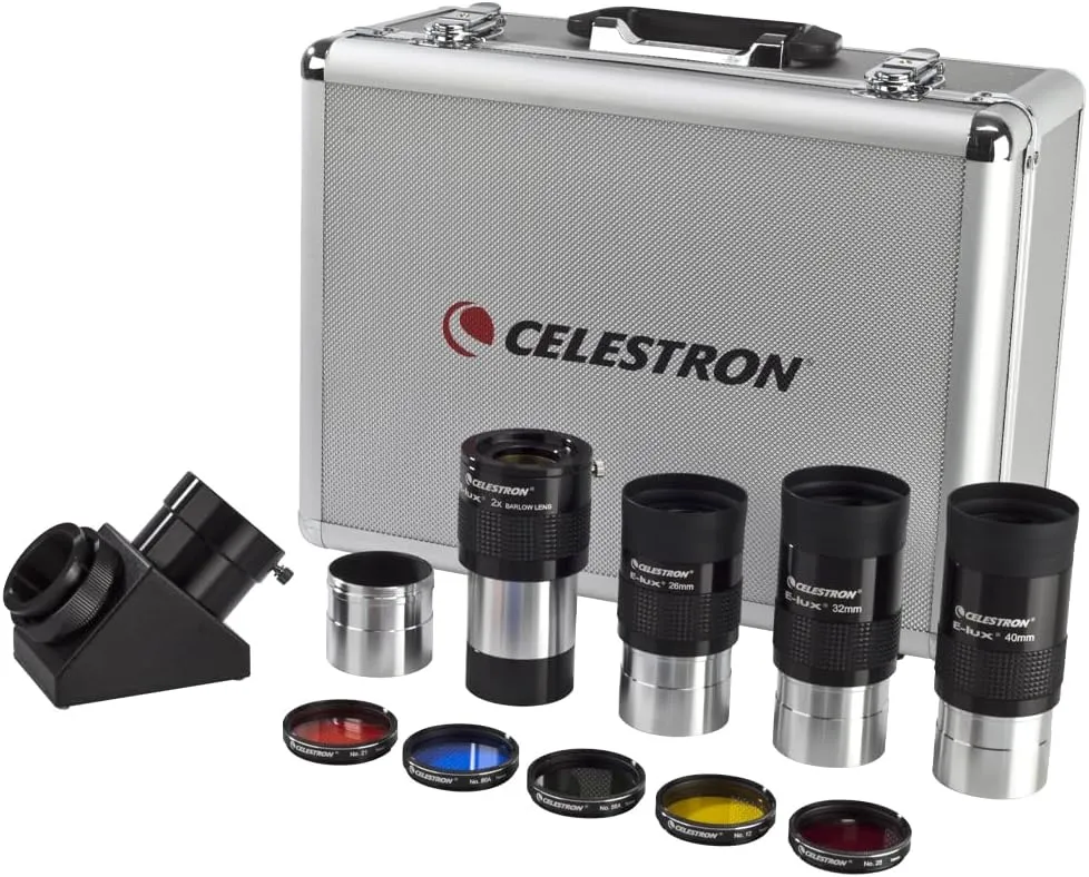Celestron 94305 2 inch Eyepiece & Filter Kit, 12 Piece - Includes 2" Mirror Diagonal, Diagonal Adapter, 3 x E-lux 2" Eyepieces, 2X Barlow Lens, 5 Coloured Flters and Aluminium Hard Case, Silver