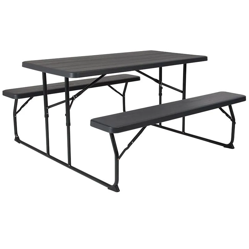 Charcoal Wood Grain Folding Picnic Table and Benches - 4.5 Foot Folding Table - Flash Furniture