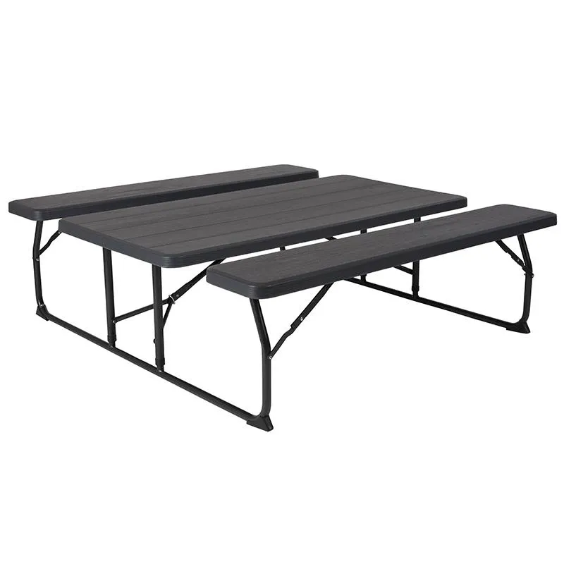 Charcoal Wood Grain Folding Picnic Table and Benches - 4.5 Foot Folding Table - Flash Furniture