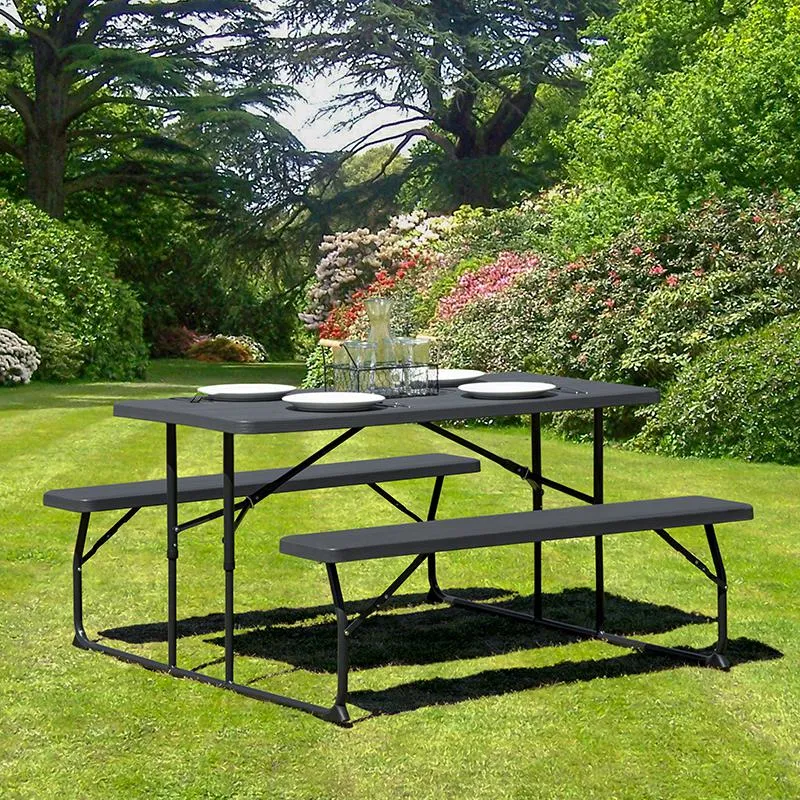 Charcoal Wood Grain Folding Picnic Table and Benches - 4.5 Foot Folding Table - Flash Furniture