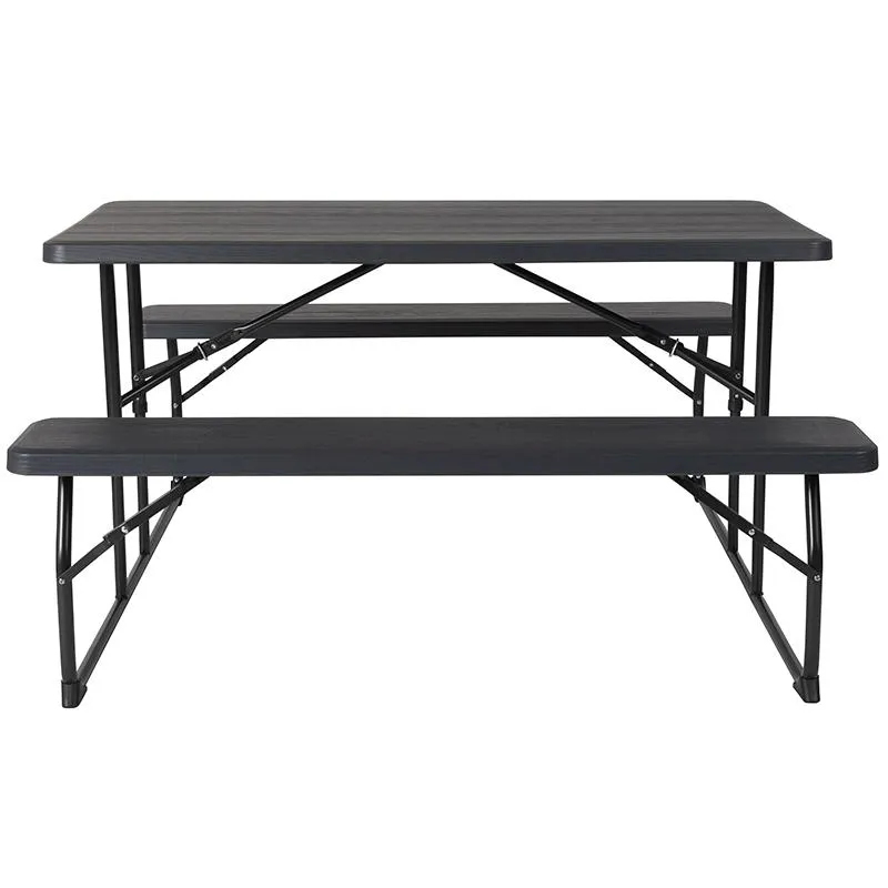 Charcoal Wood Grain Folding Picnic Table and Benches - 4.5 Foot Folding Table - Flash Furniture