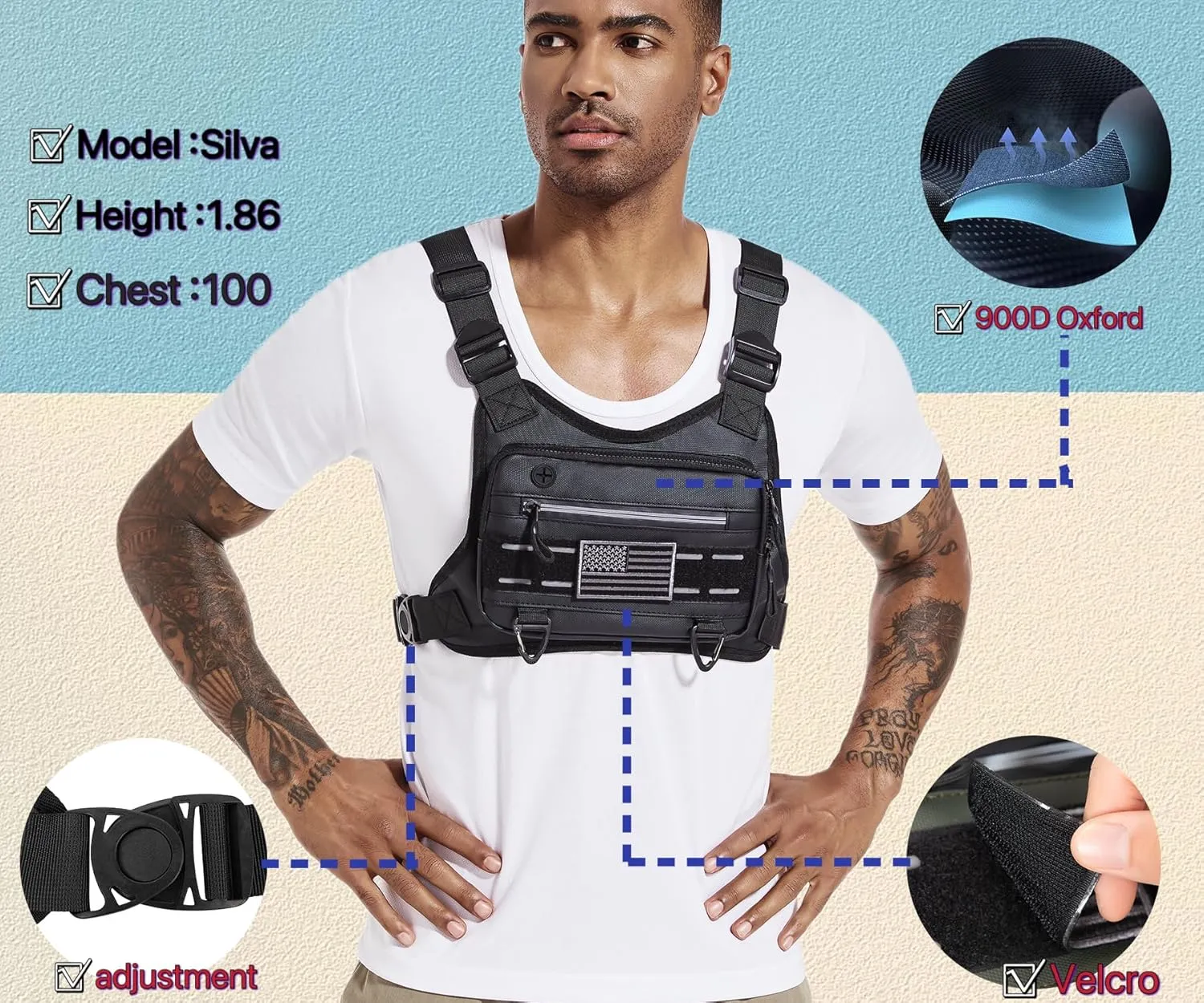 Chest Bag For Men and Women Water Resistant Running Vest Tactical Chest Bag Pack for Sports Outdoor (Black)