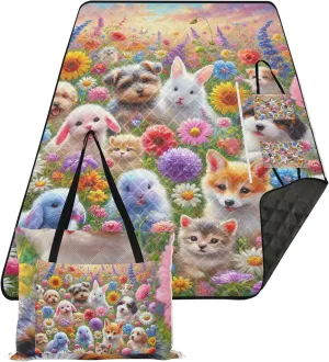 CHIFIGNO Animals Spring Garden Dog Print Beach Mat Sand Free Waterproof Outdoor Blankets for Grass Foldable Picnic Mat Cute 80" x 60"