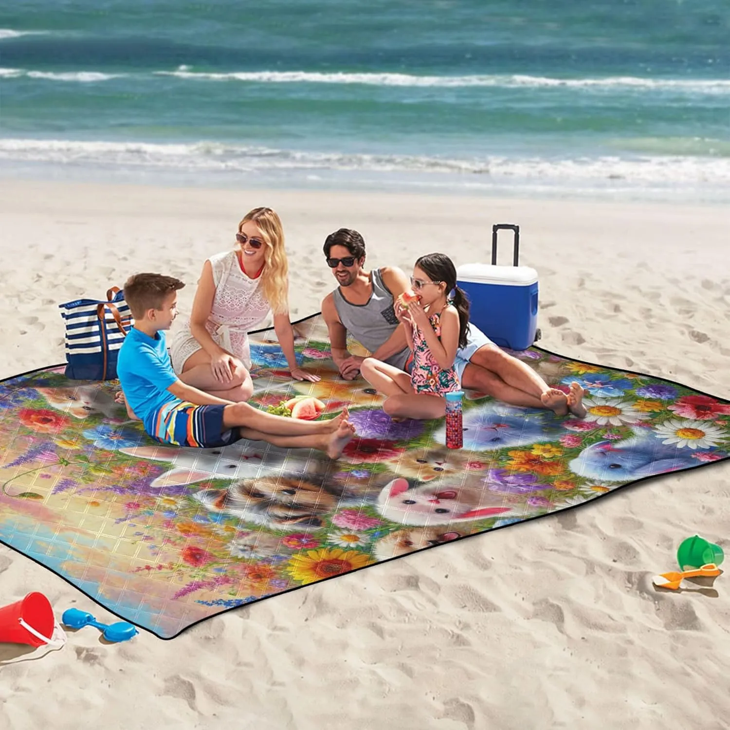 CHIFIGNO Animals Spring Garden Dog Print Beach Mat Sand Free Waterproof Outdoor Blankets for Grass Foldable Picnic Mat Cute 80" x 60"