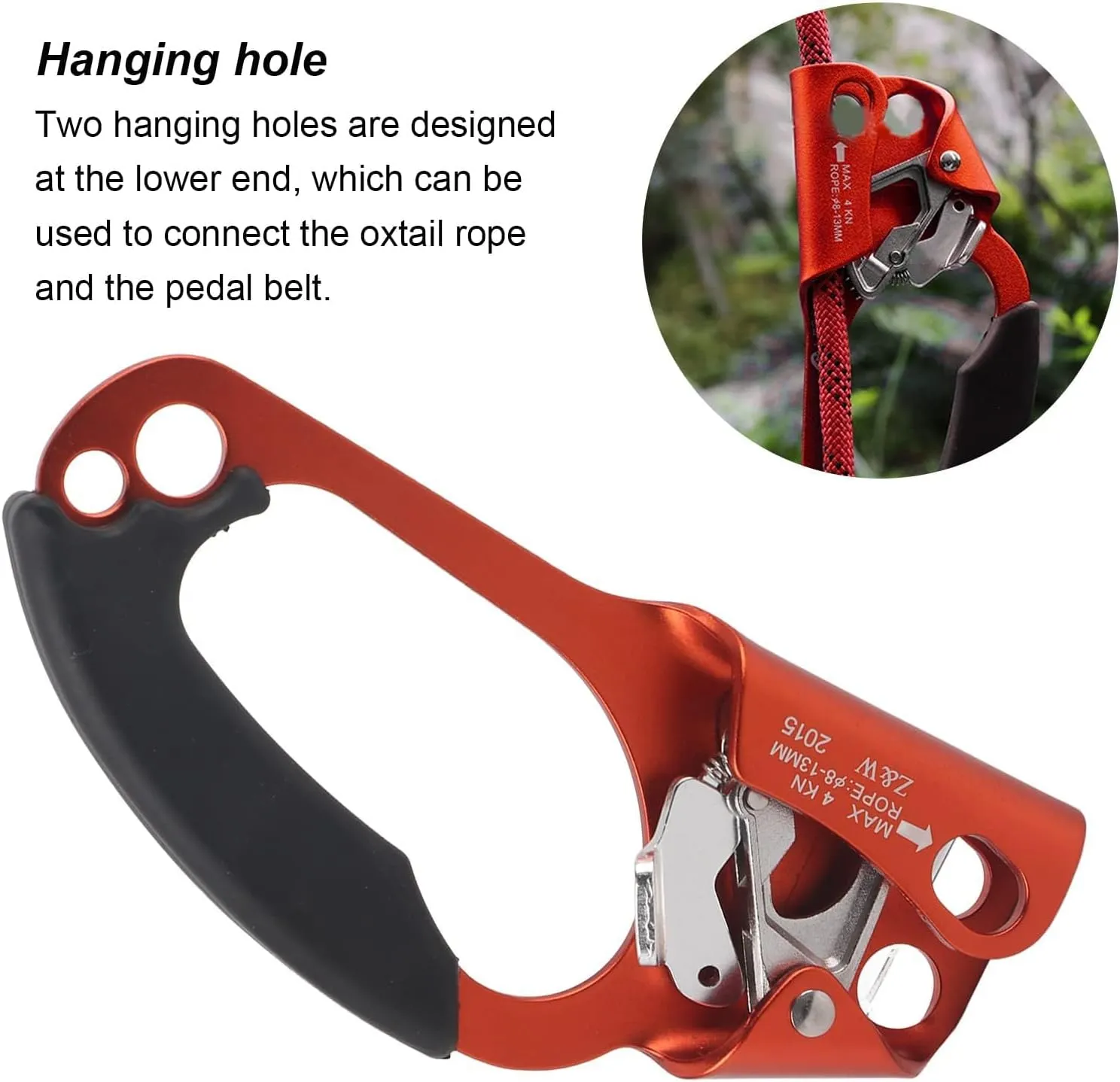 Climbing Hand Ascender, 4KN Right Hand Climbing Rappelling Equip Hand Ascender with Hanging Holes, Aluminum Alloy Mountaineer Handle Ascender