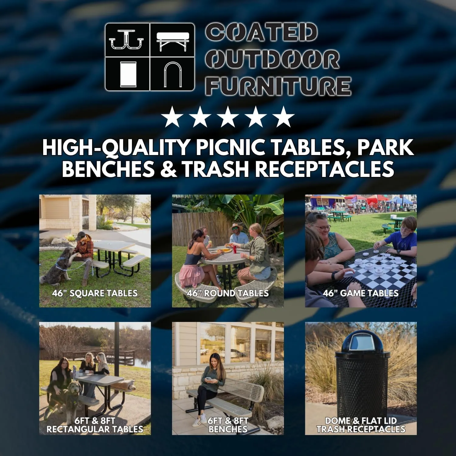 Coated Outdoor Furniture Heavy-Duty Portable Outdoor Picnic Table, Thermoplastic Coated Expanded Metal Commercial-Grade Patio Dining Furniture Made in America (8ft Rectangular, Black)