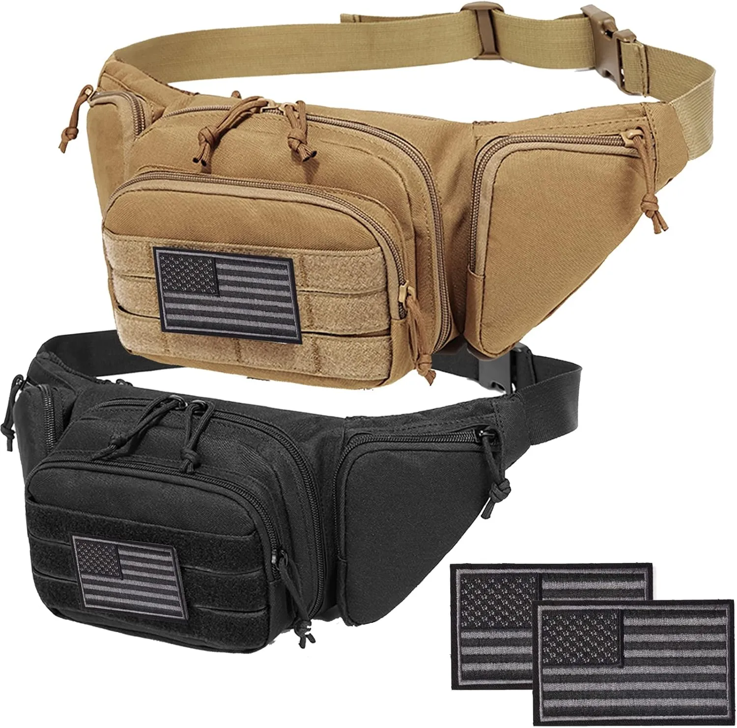 Concealed Pistol Fanny Pack ，Tactical Waist Bag Carry Gun Holster Fits Handgun, 1911 and More with U.S Patch (2 Pack Black Tan)
