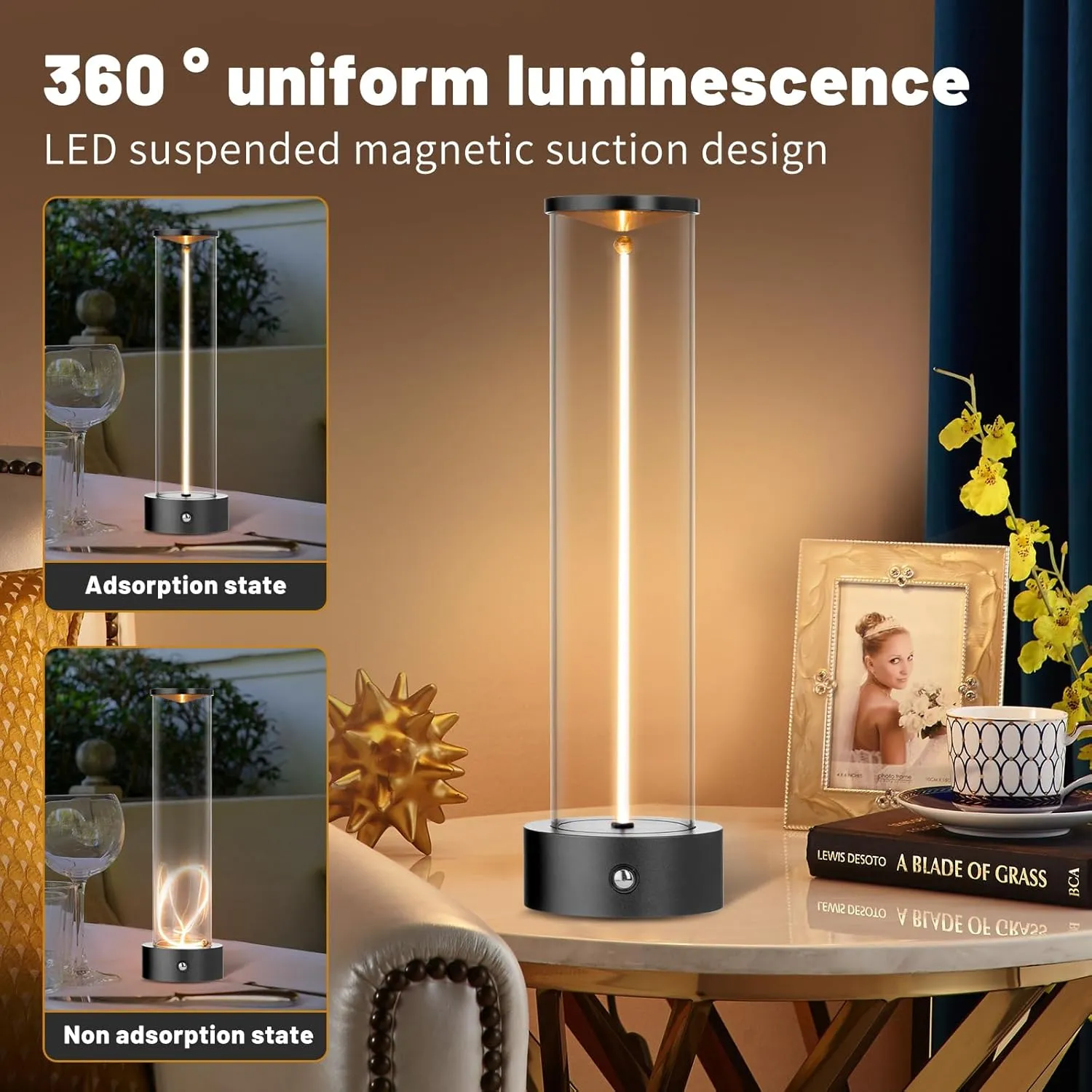 Cordless Portable LED Table Lamp， Rechargeable Battery Operated Desk Lamp with Touch Sensor, Three-Level Dimmable Suitable for Bars/Cafes/Restaurants/Bedrooms/Camping Site (Black)