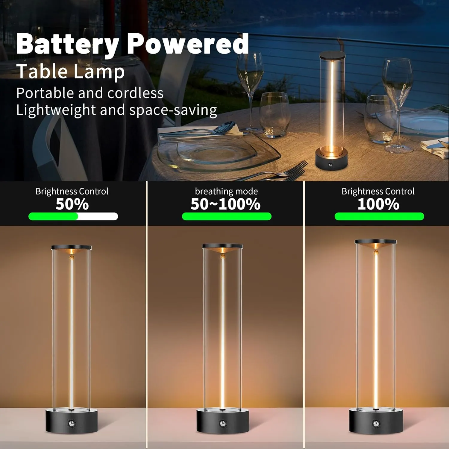 Cordless Portable LED Table Lamp， Rechargeable Battery Operated Desk Lamp with Touch Sensor, Three-Level Dimmable Suitable for Bars/Cafes/Restaurants/Bedrooms/Camping Site (Black)