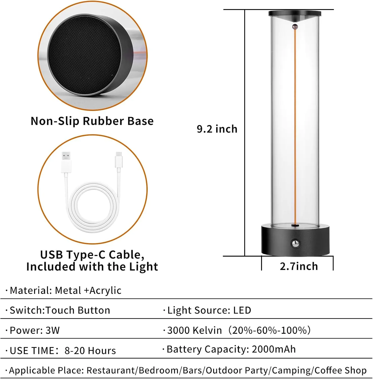 Cordless Portable LED Table Lamp， Rechargeable Battery Operated Desk Lamp with Touch Sensor, Three-Level Dimmable Suitable for Bars/Cafes/Restaurants/Bedrooms/Camping Site (Black)