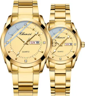Couple Watches Business Dress Watch Golden Watch Men and Women Romantic Couple Pair Quartz Watches Valentines Couple Matching Watch Stainless Steel Calendar Date luminous Waterproof His and Her Watches for Couples Lovers Wedding