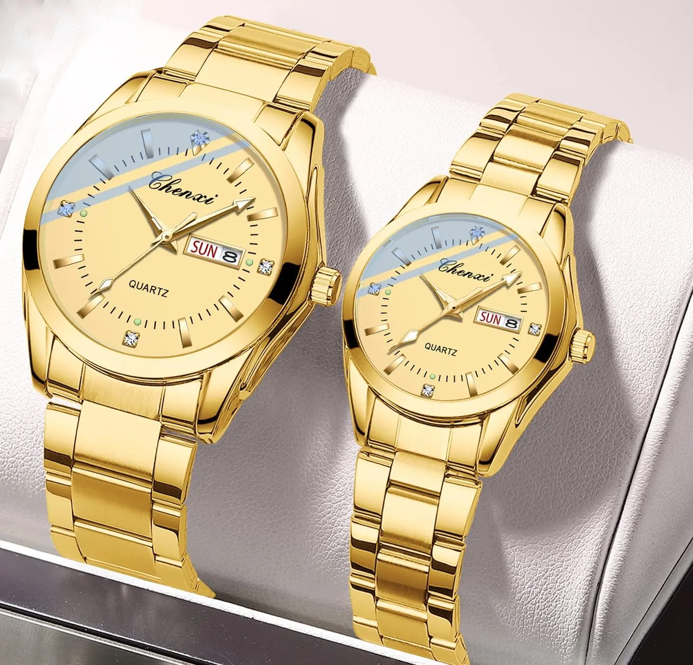 Couple Watches Business Dress Watch Golden Watch Men and Women Romantic Couple Pair Quartz Watches Valentines Couple Matching Watch Stainless Steel Calendar Date luminous Waterproof His and Her Watches for Couples Lovers Wedding