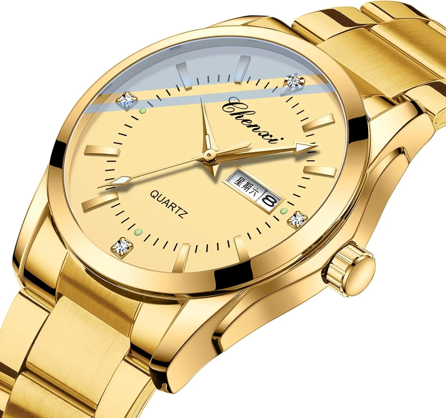Couple Watches Business Dress Watch Golden Watch Men and Women Romantic Couple Pair Quartz Watches Valentines Couple Matching Watch Stainless Steel Calendar Date luminous Waterproof His and Her Watches for Couples Lovers Wedding
