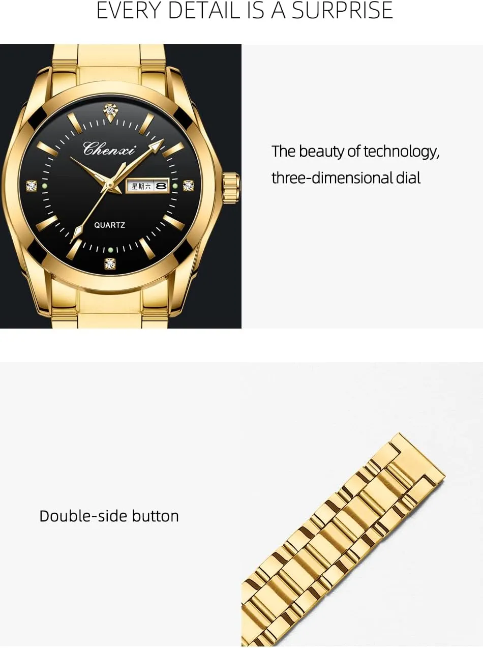Couple Watches Business Dress Watch Golden Watch Men and Women Romantic Couple Pair Quartz Watches Valentines Couple Matching Watch Stainless Steel Calendar Date luminous Waterproof His and Her Watches for Couples Lovers Wedding