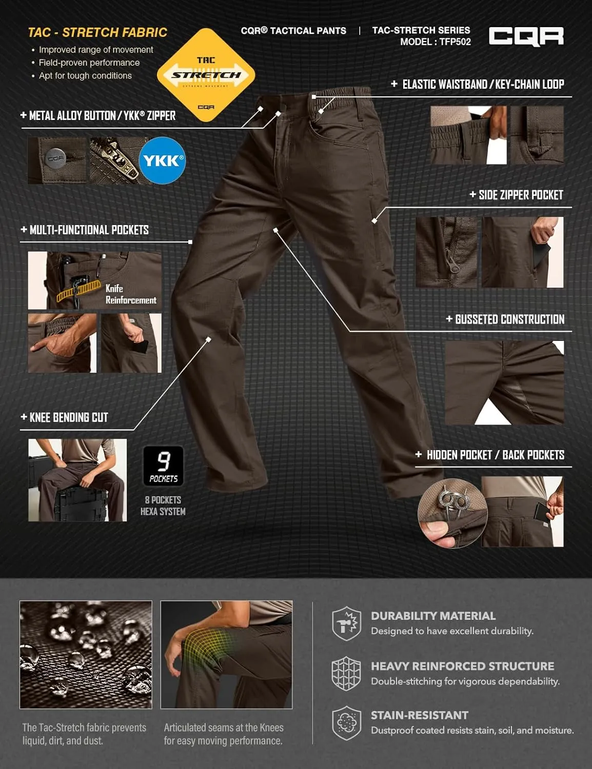 CQR Men's Flex Stretch Tactical Pants, Water Resistant Ripstop Cargo Pants, Lightweight EDC Outdoor Work Hiking Pants