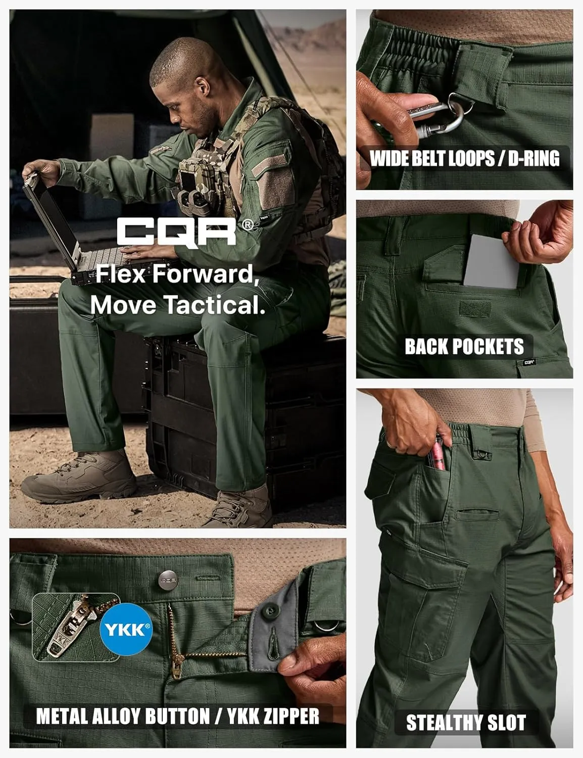 CQR Men's Flex Stretch Tactical Pants, Water Resistant Ripstop Cargo Pants, Lightweight EDC Outdoor Work Hiking Pants