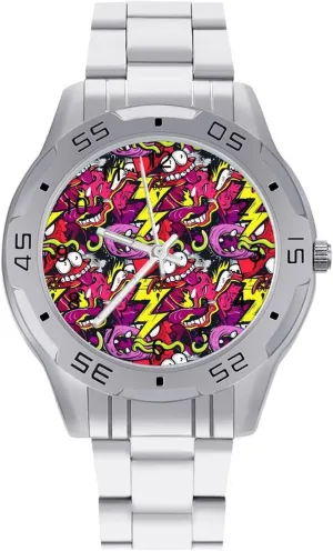 Crazy Graffiti Psychedelic Simple Stainless Steel Band Business Watch Dress Wrist Unique Luxury Work Casual Waterproof Watches