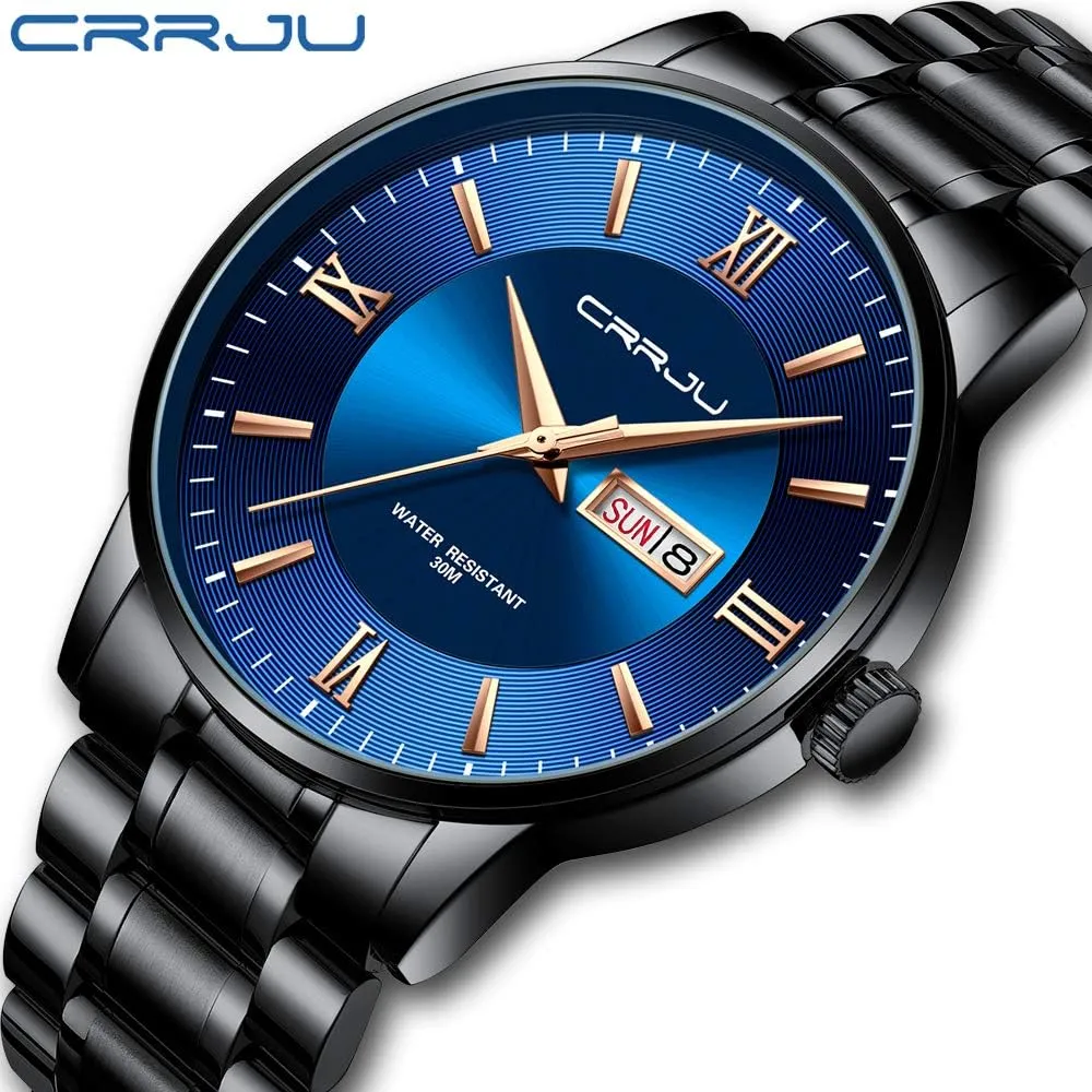 CRRJU Men's Fashion Luxury Stainless Steel Watches for Men Business Auto Date Chronograph Analog Quartz Wristwatches