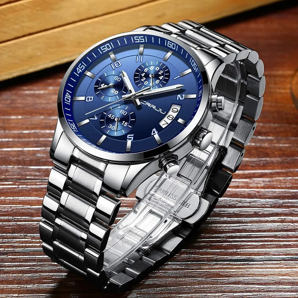 CRRJU Men's Fashion Stainless Steel Watches Date Waterproof Chronograph Wristwatches,Stainsteel Steel Band Waterproof Watch