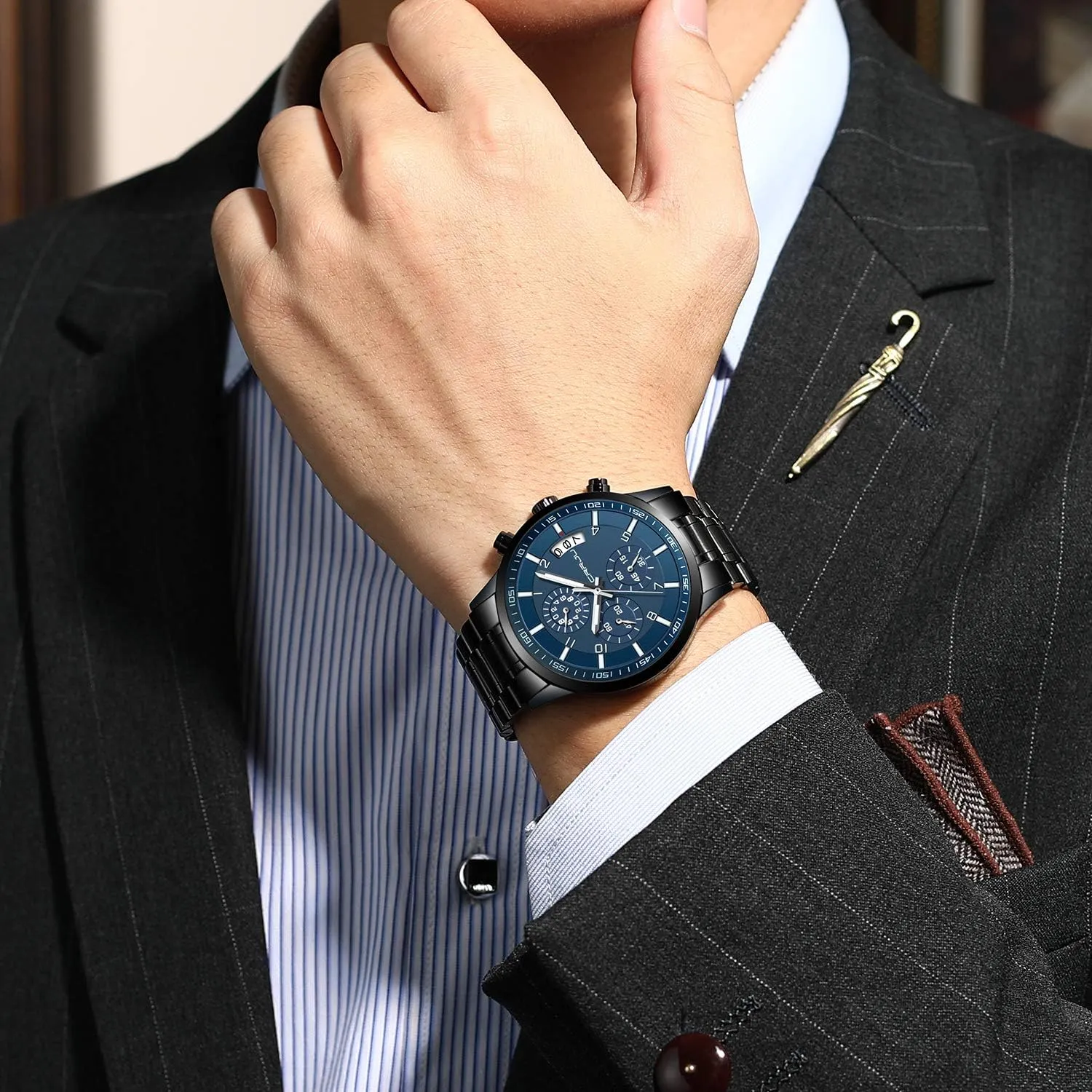 CRRJU Men's Fashion Stainless Steel Watches Date Waterproof Chronograph Wristwatches,Stainsteel Steel Band Waterproof Watch