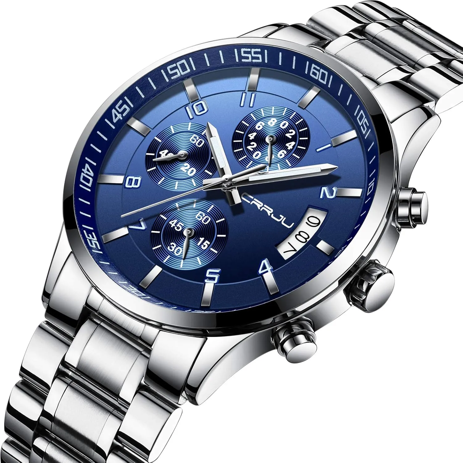 CRRJU Men's Fashion Stainless Steel Watches Date Waterproof Chronograph Wristwatches,Stainsteel Steel Band Waterproof Watch