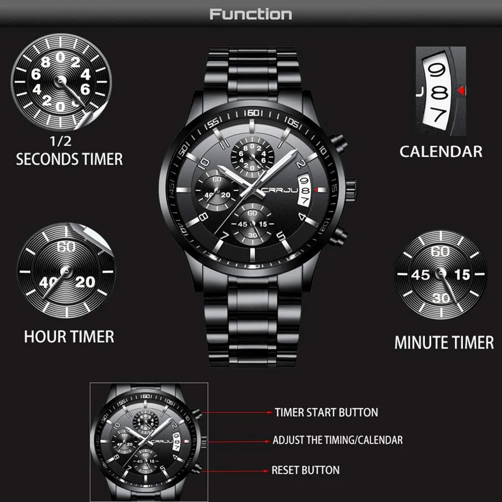 CRRJU Men's Fashion Stainless Steel Watches Date Waterproof Chronograph Wristwatches,Stainsteel Steel Band Waterproof Watch