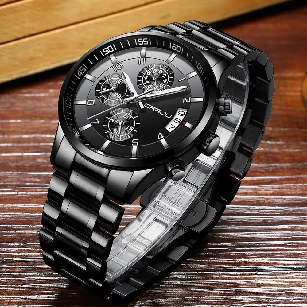 CRRJU Men's Fashion Stainless Steel Watches Date Waterproof Chronograph Wristwatches,Stainsteel Steel Band Waterproof Watch