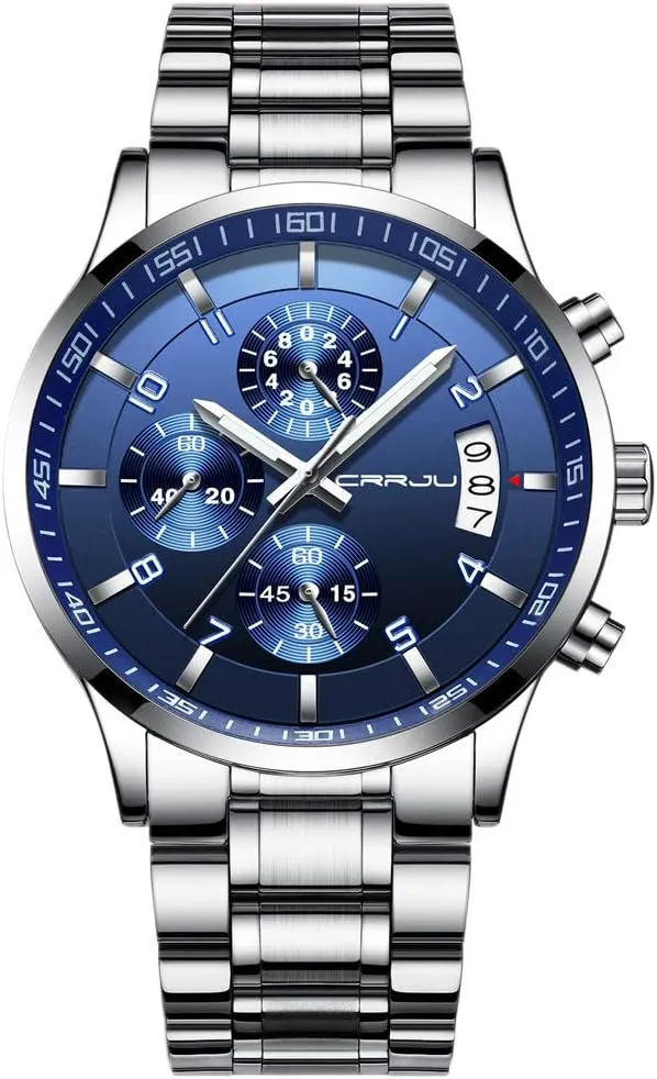 CRRJU Men's Fashion Stainless Steel Watches Date Waterproof Chronograph Wristwatches,Stainsteel Steel Band Waterproof Watch