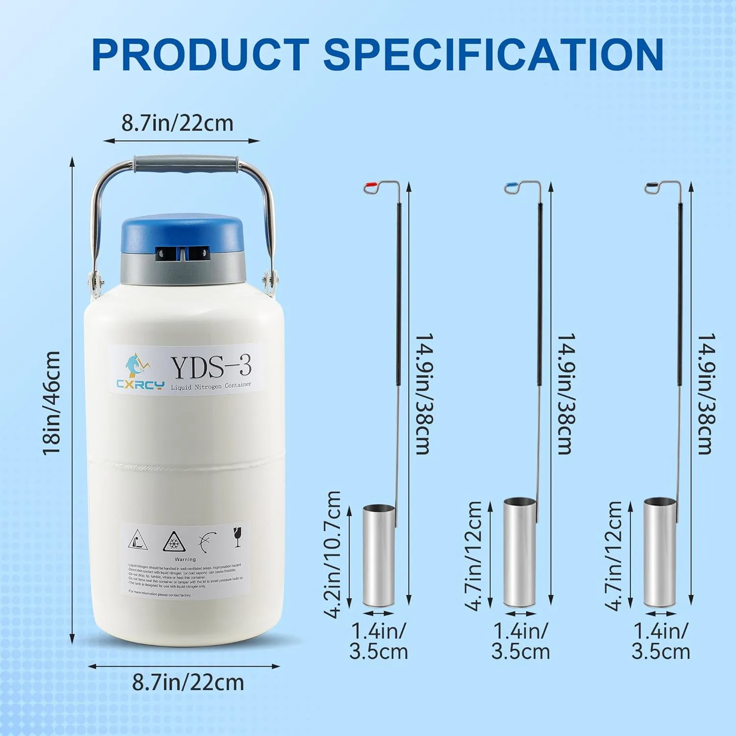 CXRCY 3L Aluminum Alloy Cryogenic Container Liquid Nitrogen (LN2) Dewar, Tank Dewar with 6 Canisters & Carry Bag, Durable, Lnsulation & Vacuum Design can Safely Store Liquid Nitrogen