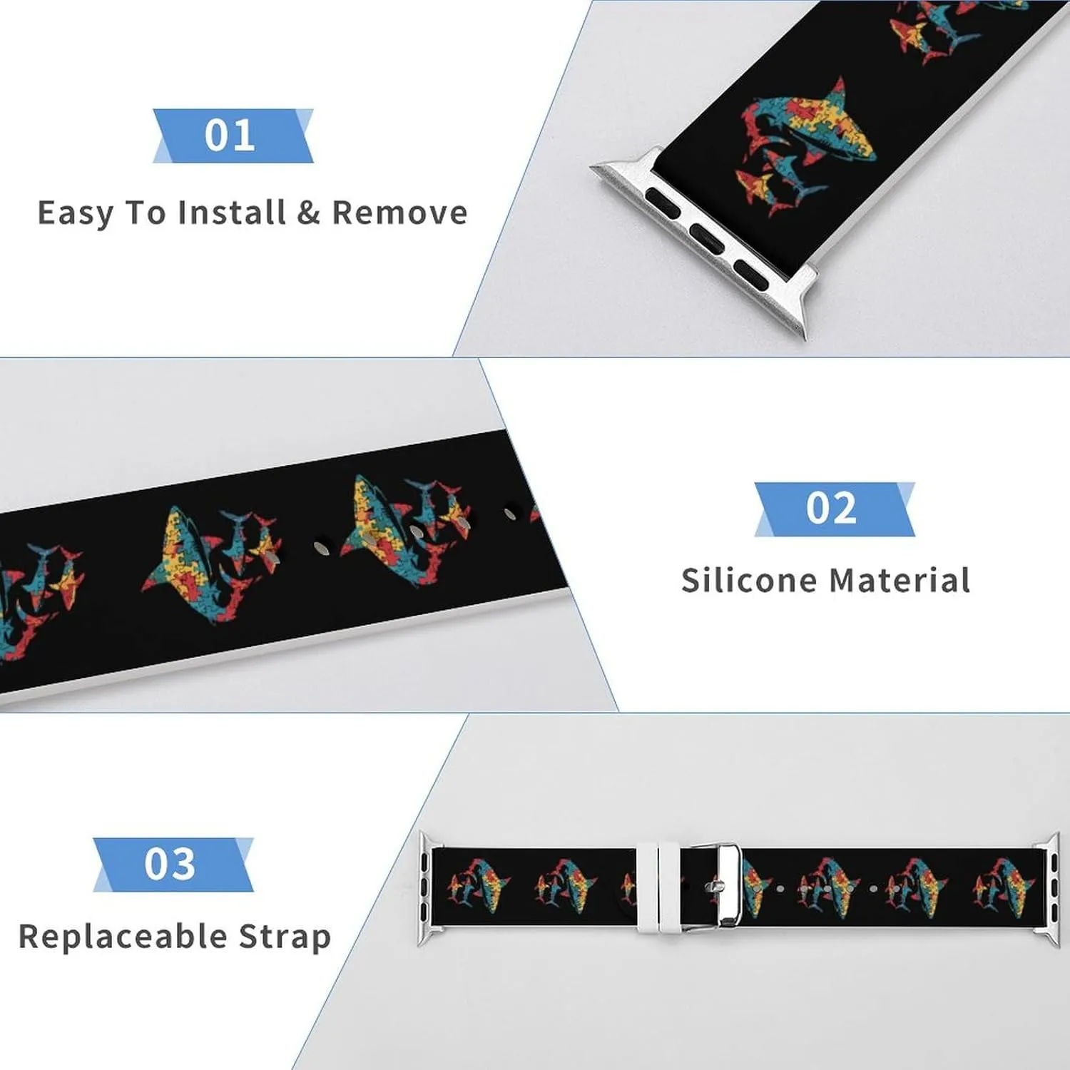 Daddy Shark Puzzle Piece Autism Awareness Watch Bands Silicone Waterproof Strap Soft Sport Bands Replacement Straps Compatible with Apple Watch