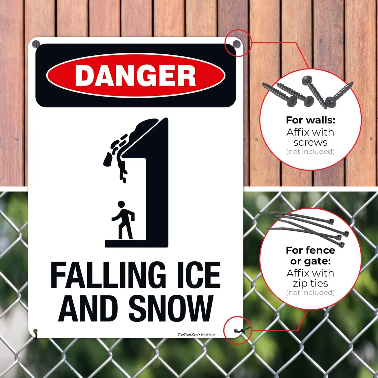 Danger Falling Ice and Snow Sign, 10x14 Inches, Rust Free .040 Aluminum, Fade Resistant, Made in USA