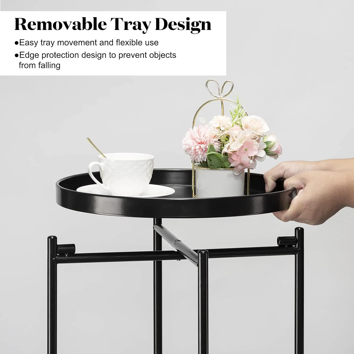 danpinera 2-Tier Round Side Table, Metal End Table with Removable Tray, Small Outdoor Table Accent Table, Anti-Rust Black Nightstand for Bedroom Balcony Patio (Black)