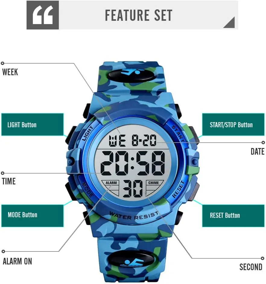 Dayllon Kids Digital Watch Boys Outdoor Sports 50M Waterproof Girls Watches Alarm Clock 12/24 H Stopwatch Calendar for Ages 3-15 Boy Girl Wristwatch Kids Gift